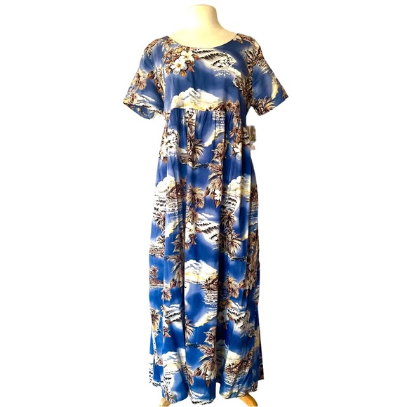 HILO HATTIE VTG NEW! BLUE HAWAII EMPIRE TIE-BACK MIDI SHORT SLEEVE DRESS SzL - Picture 1 of 14